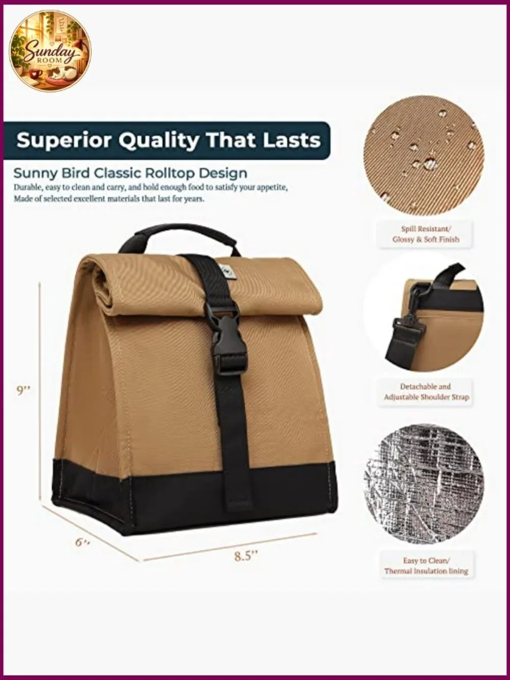 Insulated Lunch Bag Rolltop Tote with Adjustable Strap